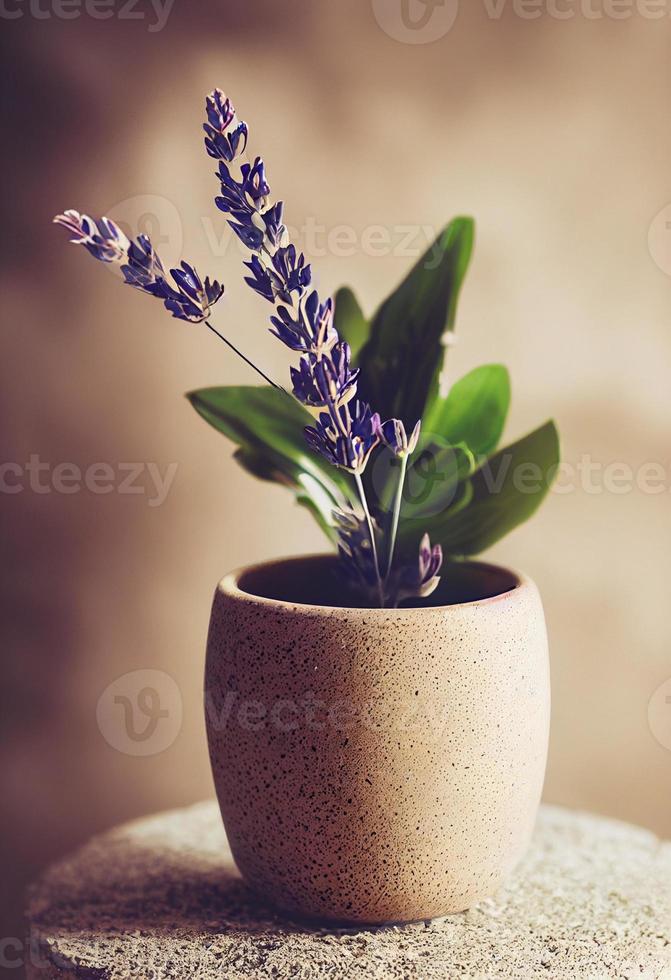 beige keramisch pot met fabriek Aan natuurlijk marmeren steen podium. studio, Product foto