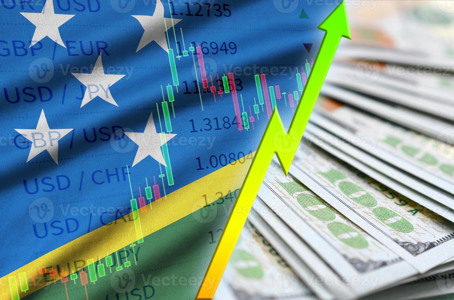 Solomon eilanden vlag en tabel groeit ons dollar positie met een ventilator van dollar rekeningen foto