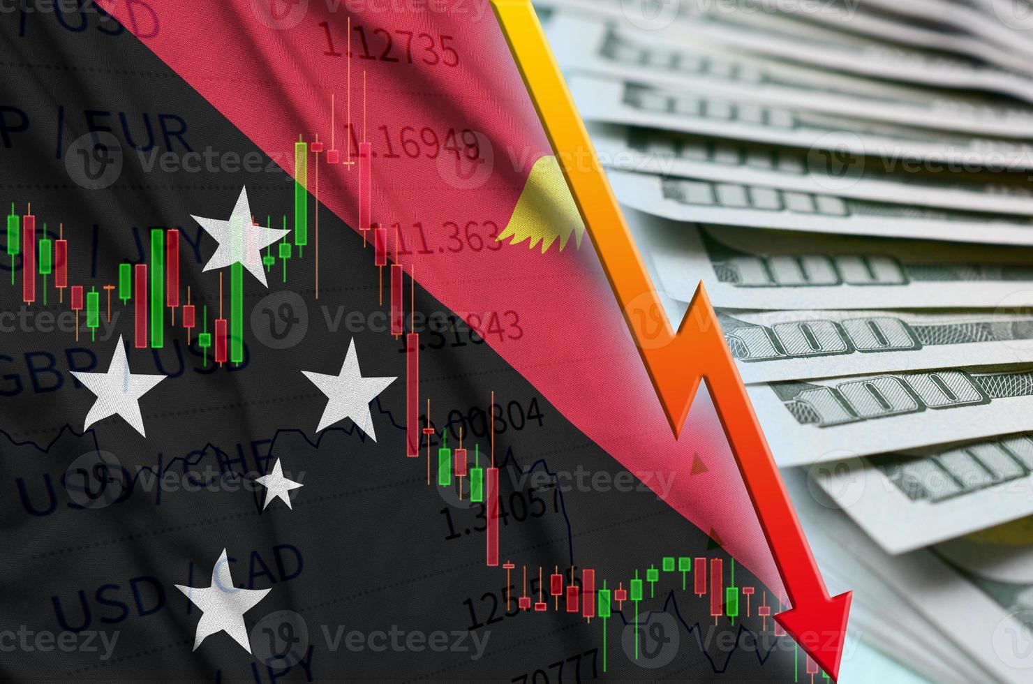 Papoea nieuw Guinea vlag en tabel vallend ons dollar positie met een ventilator van dollar rekeningen foto