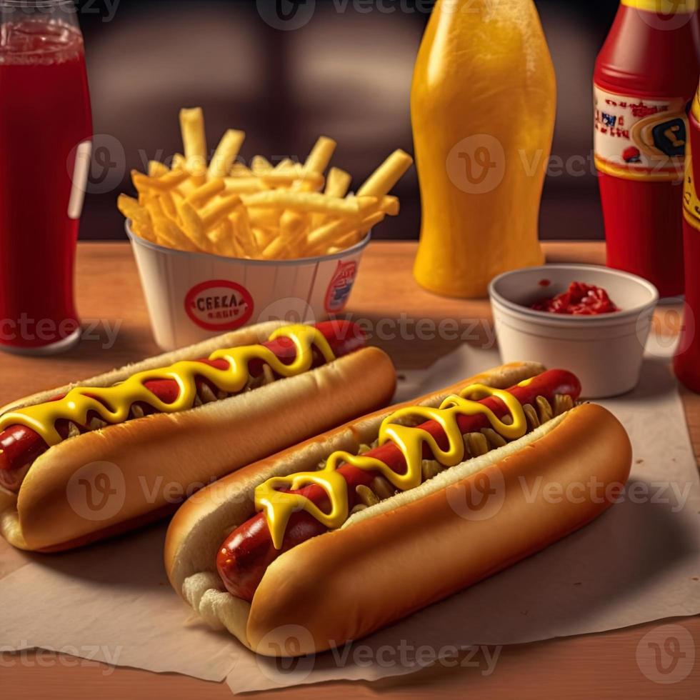 heet honden met ketchup, geel mosterd, Frans Patat en Frisdrank. foto