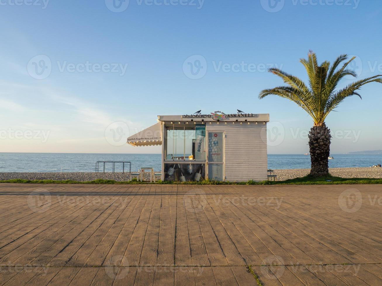 kiosk verkoop water Aan de kust. klein winkel onder palm bomen. foto