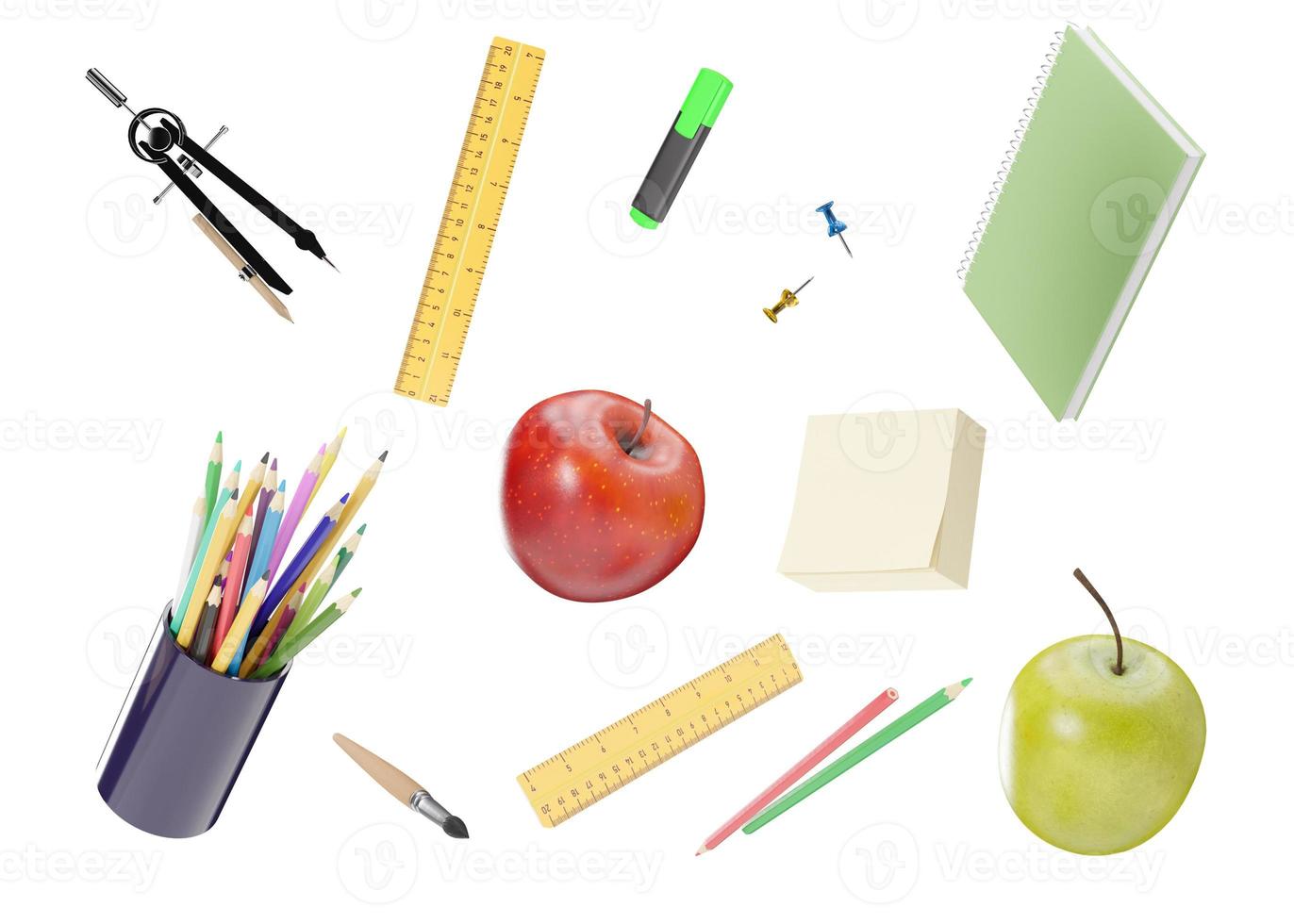 school- schrijfbehoeften items geïsoleerd Aan wit achtergrond. school- benodigdheden besnoeiing uit. pen, potloden, notitieboekje, borstel, heerser, appel. 3d weergave. foto