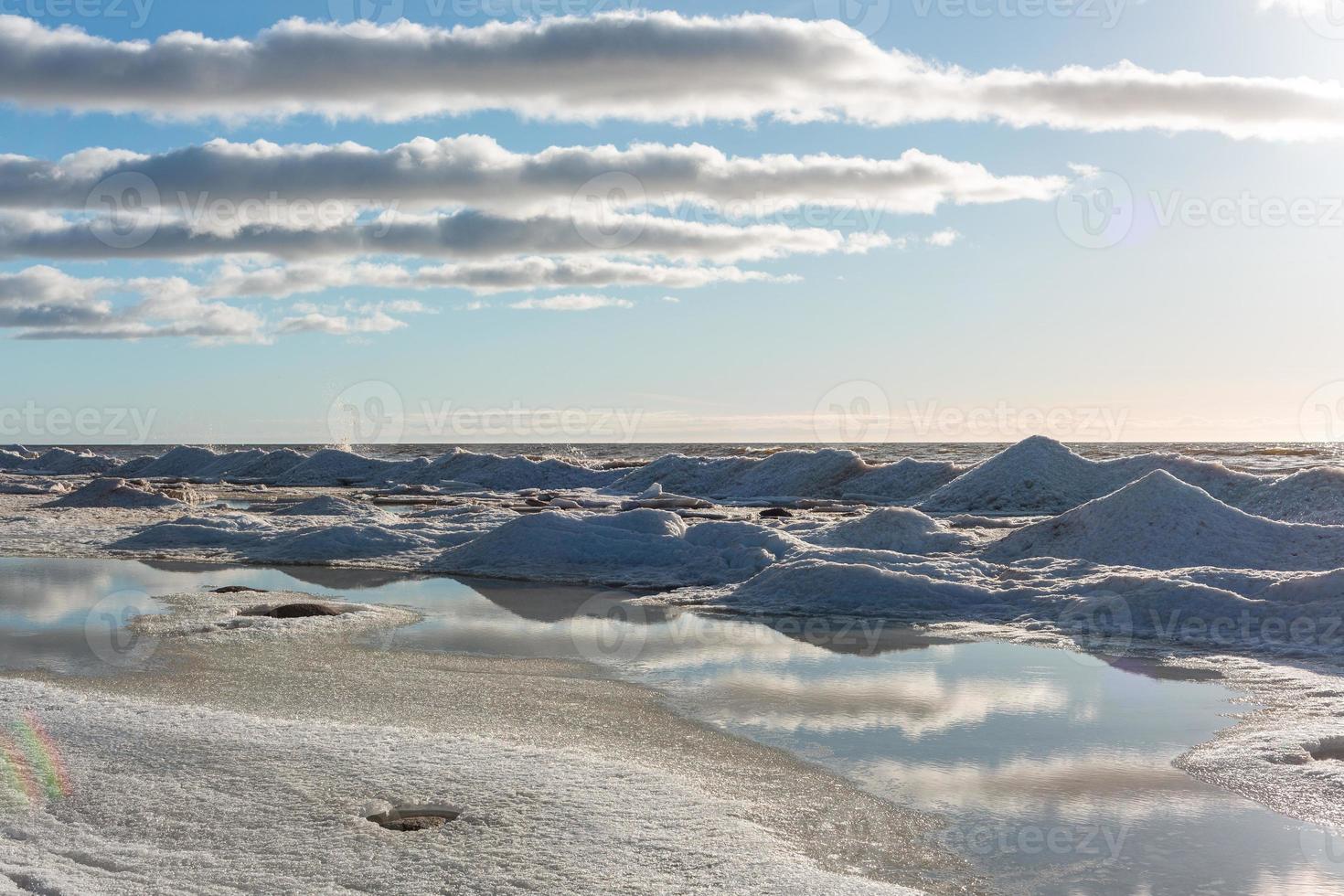 Baltisch zee kust in winter met ijs Bij zonsondergang foto