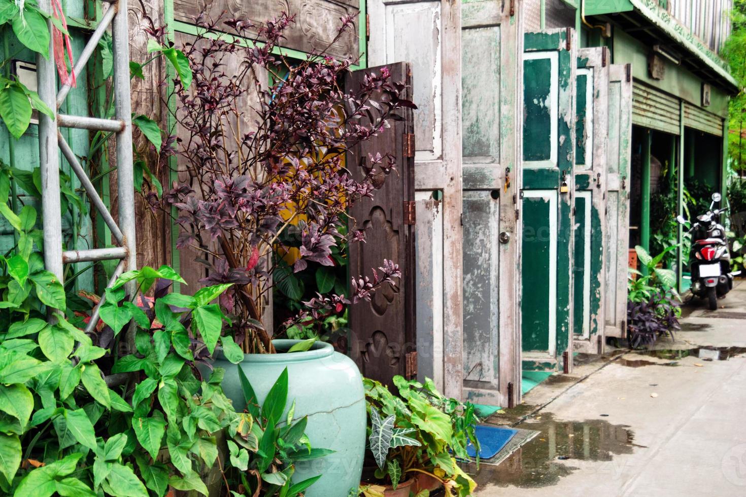 een veel van oud houten kleurrijk deuren en pot fabriek Aan een straat. Chiang mei, Thailand. foto