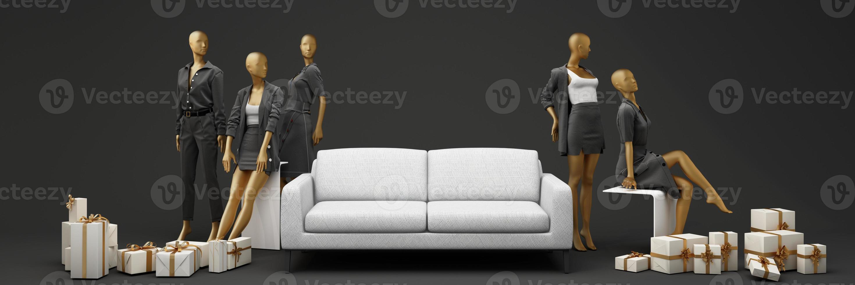 standbeeld van model- mannequin in goud voor presentatie van mode formeel kleren in een abstract concept. Aan steen pallet meetkundig Product stellage. isoleren Aan zwart achtergrond met Promotie uitverkoop. 3d renderen foto