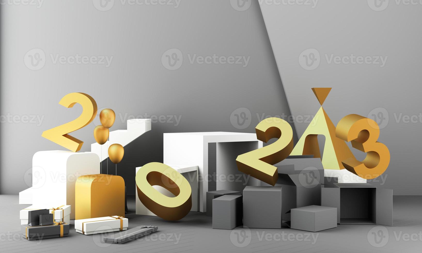 brieven goud structuur van 2023 in de concept van nieuw jaar, wit marmeren kleur tonen, omringd door meetkundig vormen voor weergeven de producten en geschenk dozen met transparant ballen. 3d renderen foto