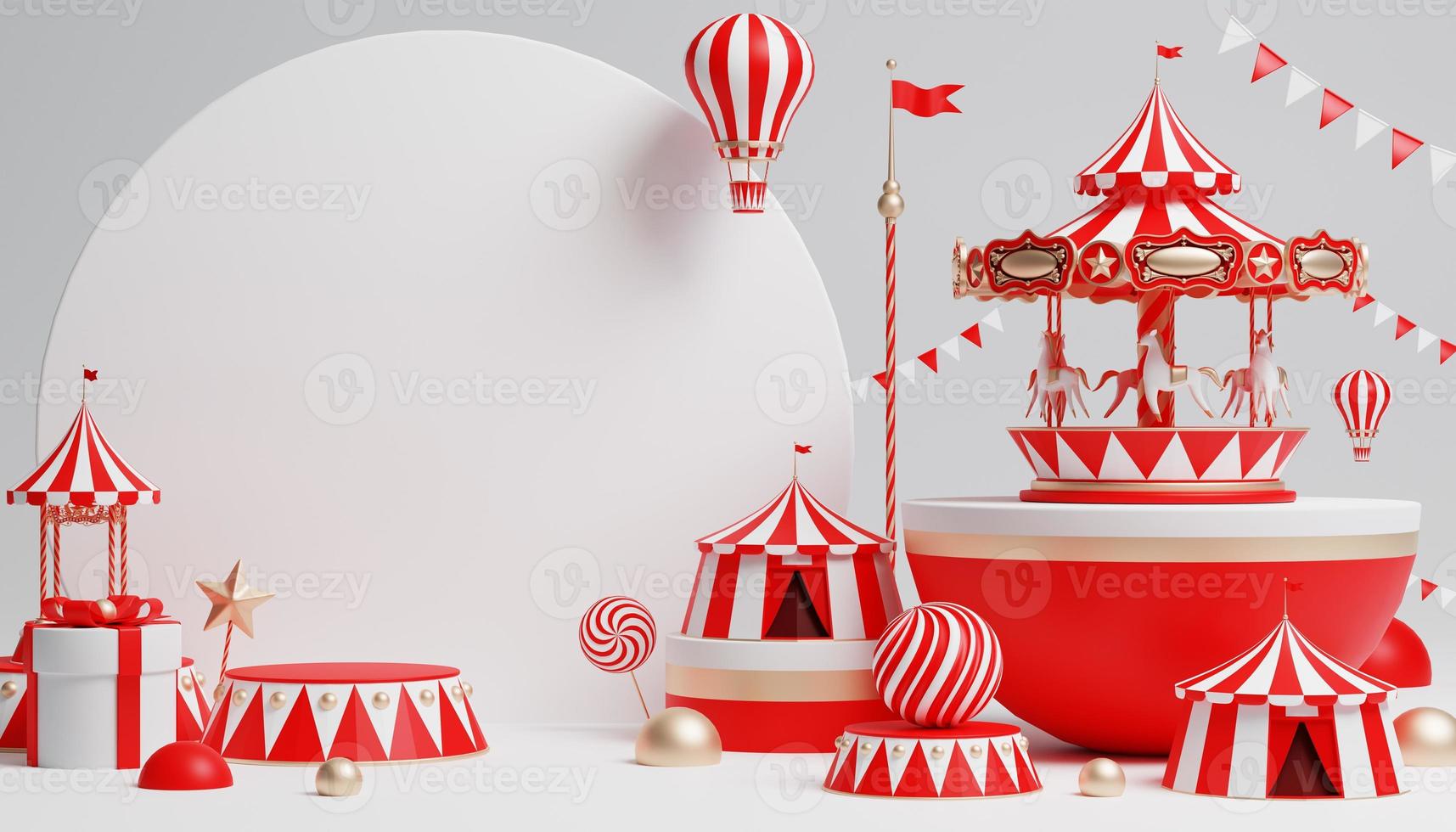 3d carnaval podium met veel ritten en winkels circus tent 3d illustratie foto