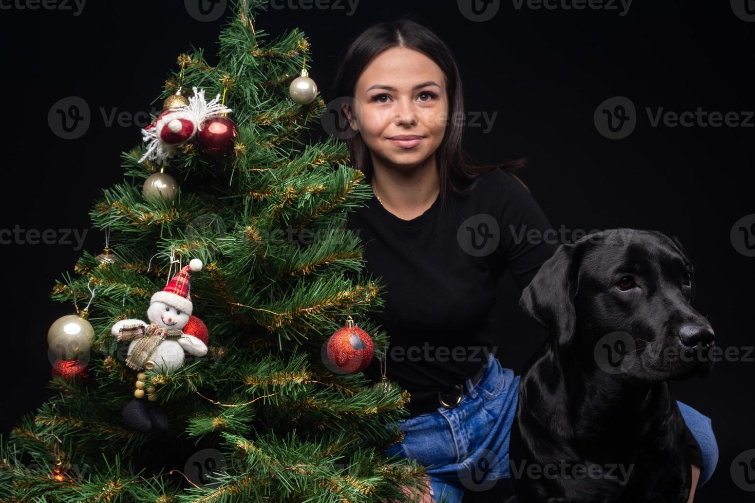 portret van een labrador retriever hond met haar baasje, in de buurt de nieuw jaar groen boom. foto