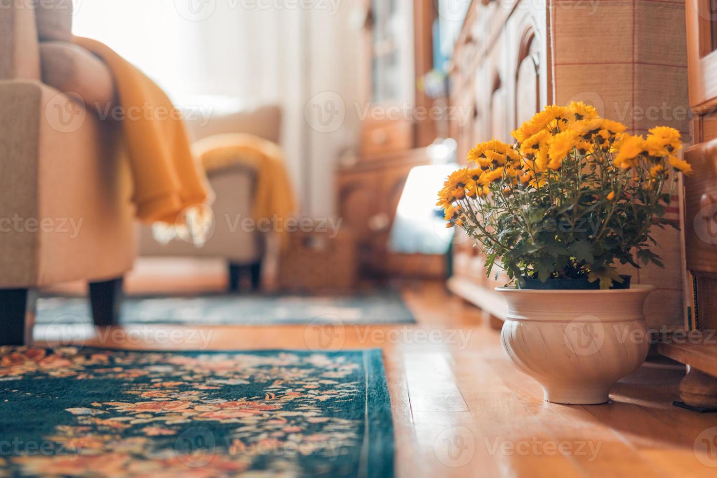 knus huis interieur elegant tapijt en luxe wijnoogst meubilair wazig interieur achtergrond. helder kamer interieur foto