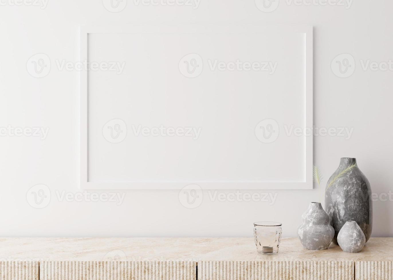 leeg afbeelding kader Aan wit muur in modern leven kamer. bespotten omhoog interieur in minimalistisch, Scandinavisch stijl. vrij ruimte voor uw afbeelding. marmeren troosten en vazen met gras. 3d weergave. foto