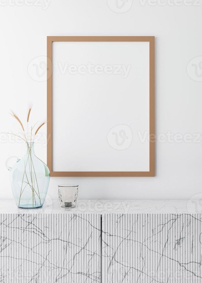 leeg verticaal afbeelding kader Aan wit muur in modern leven kamer. bespotten omhoog interieur in minimalistisch, Scandinavisch stijl. vrij ruimte voor afbeelding. marmeren troosten en droog gras in glas vaas. 3d renderen foto