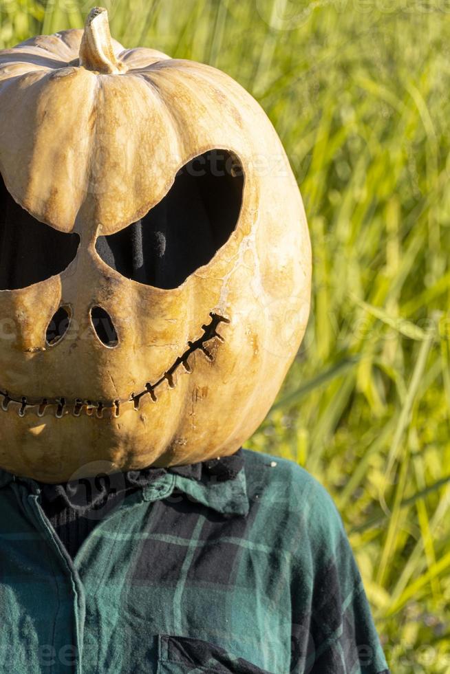 jong vrouw met een pompoen Aan haar hoofd voor halloween, dag van de dood, Mexico foto