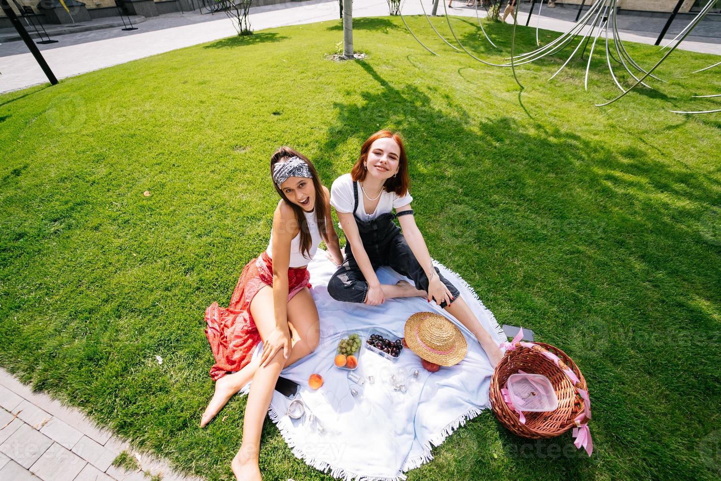 twee Dames hebben picknick samen, zittend Aan de plaid foto