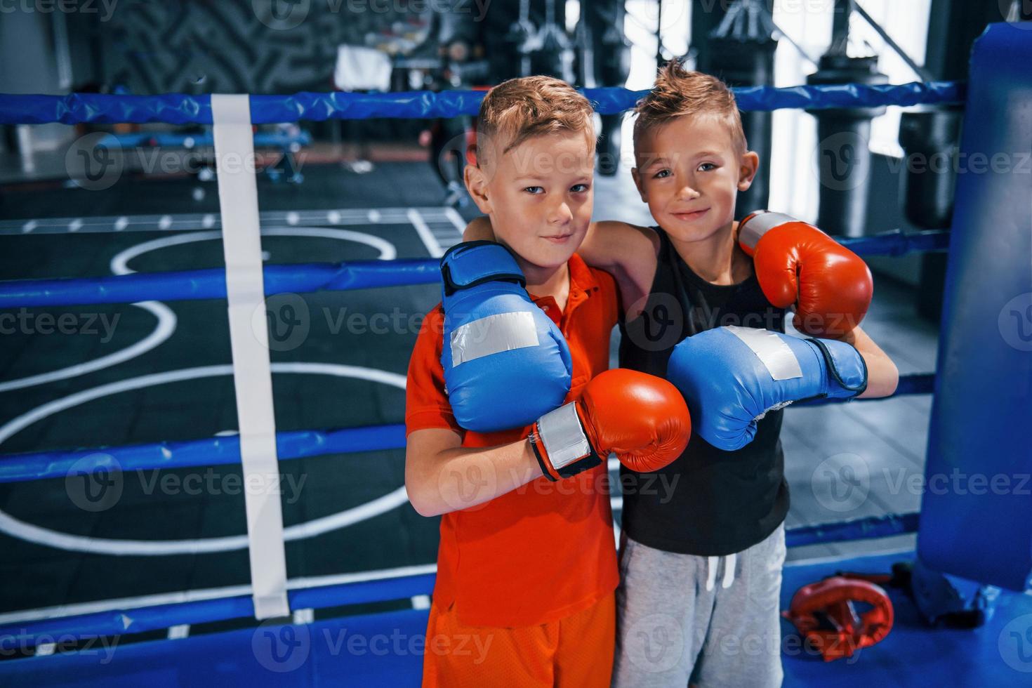 portret van twee jong jongens in beschermend handschoenen staand samen Aan boksen ring foto