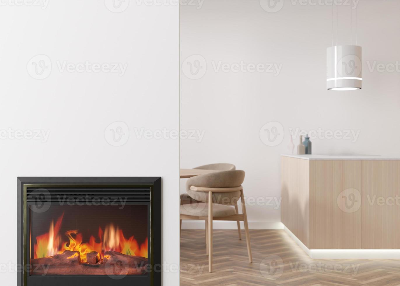 mooi modern leven kamer met gas- of elektrisch haard. hedendaags stijl interieur ontwerp. brandend brand. knus, ontspannen atmosfeer. haard net zo een speciaal huis detail, decor. 3d weergave. foto