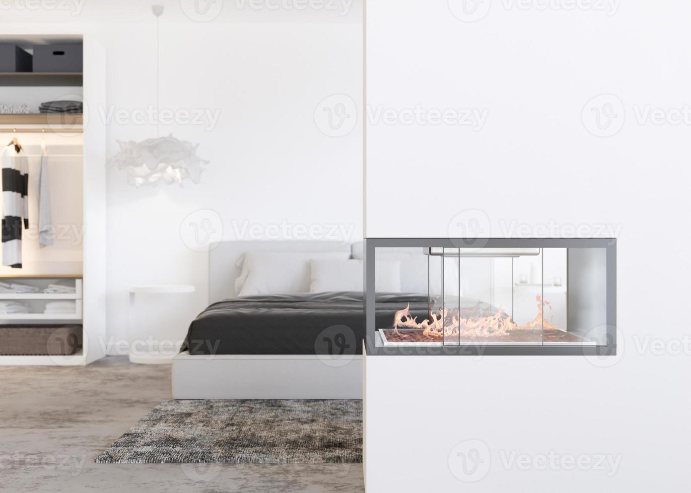 mooi modern slaapkamer met gas- of elektrisch haard. hedendaags stijl interieur ontwerp. brandend brand. knus, ontspannen atmosfeer. haard net zo een speciaal huis detail, decor. 3d weergave. foto