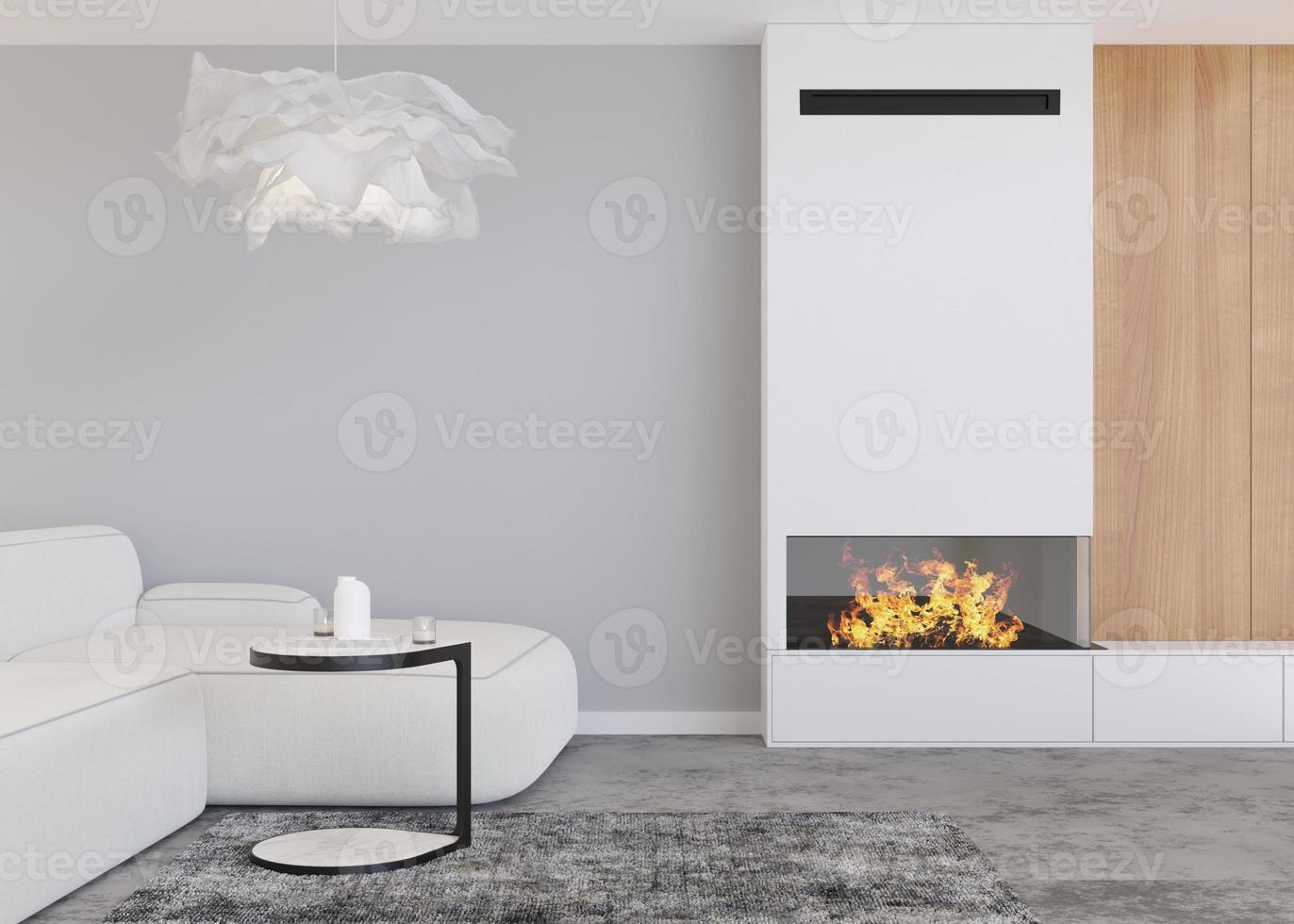 mooi modern leven kamer met gas- of elektrisch haard. hedendaags stijl interieur ontwerp. brandend brand. knus, ontspannen atmosfeer. haard net zo een speciaal huis detail, decor. 3d weergave. foto