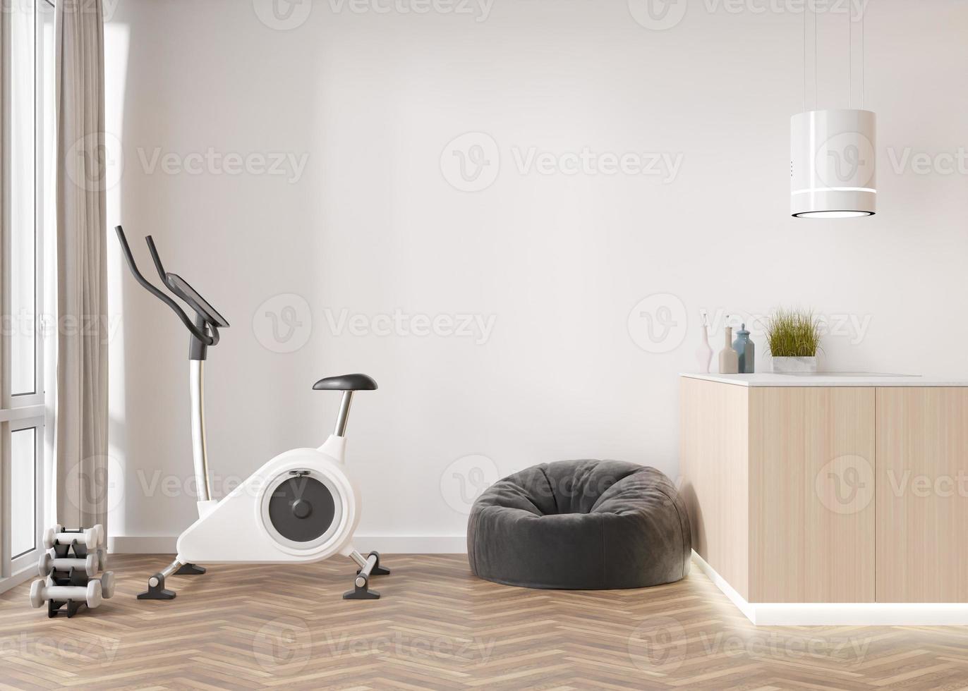 modern kamer met geschiktheid fiets. sport uitrusting in hedendaags interieur. gezond levensstijl, sport, opleiding Bij huis concept. blijven fit. huis Sportschool. 3d weergave. foto