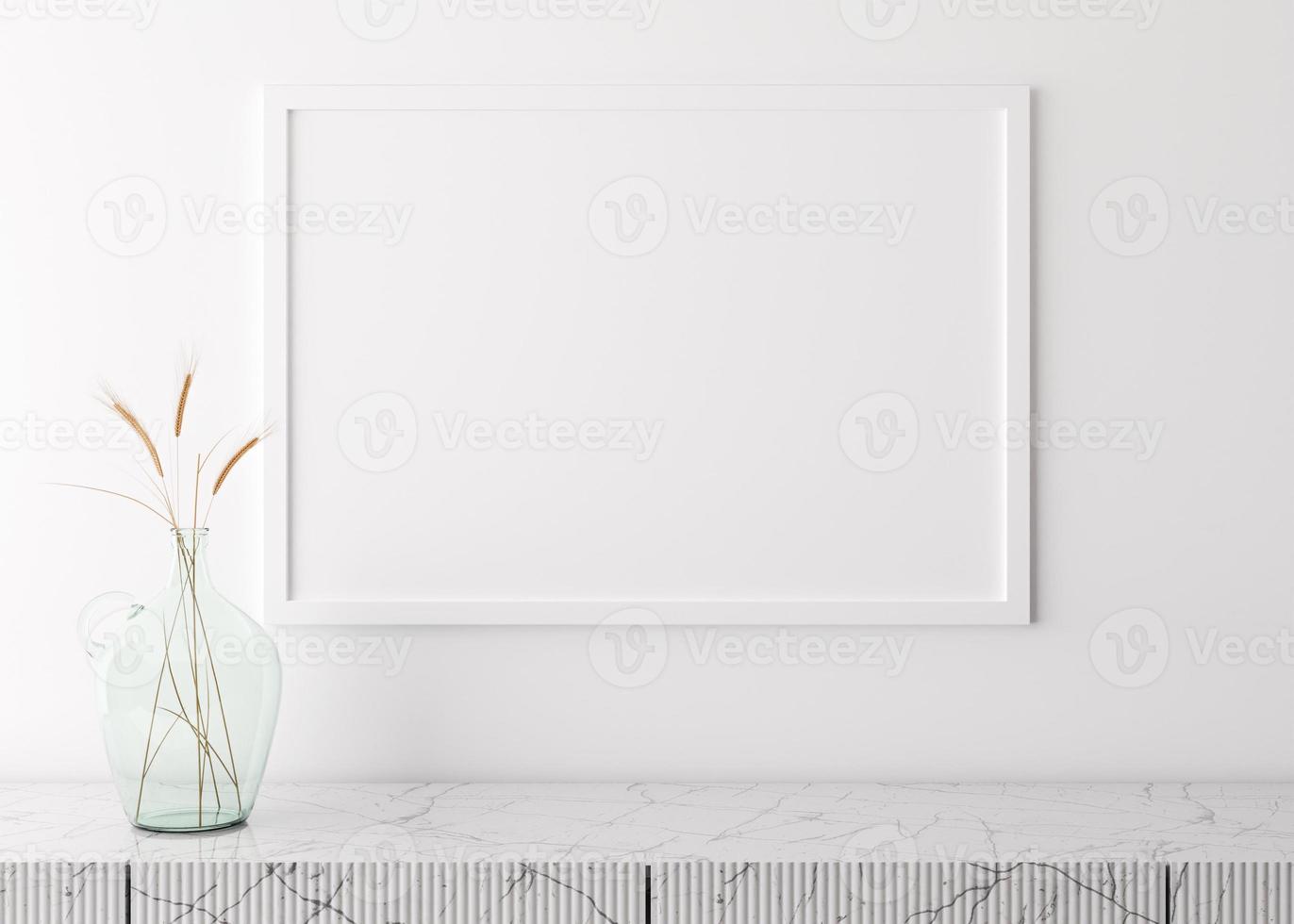 leeg afbeelding kader Aan wit muur in modern leven kamer. bespotten omhoog interieur in minimalistisch, Scandinavisch stijl. vrij ruimte voor uw afbeelding. marmeren troosten en droog gras in glas vaas. 3d weergave. foto