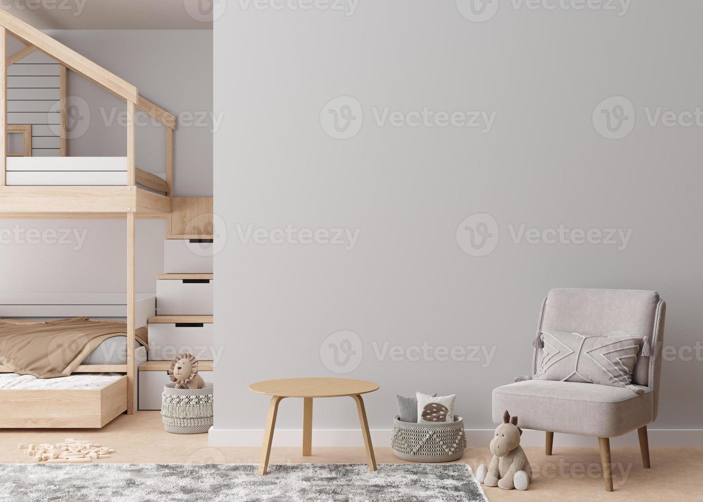 leeg grijs muur in modern kind kamer. bespotten omhoog interieur in hedendaags, Scandinavisch stijl. kopiëren ruimte voor uw kunstwerk, afbeelding of poster. bed, fauteuil, tafel. knus kamer voor kinderen. 3d weergave. foto