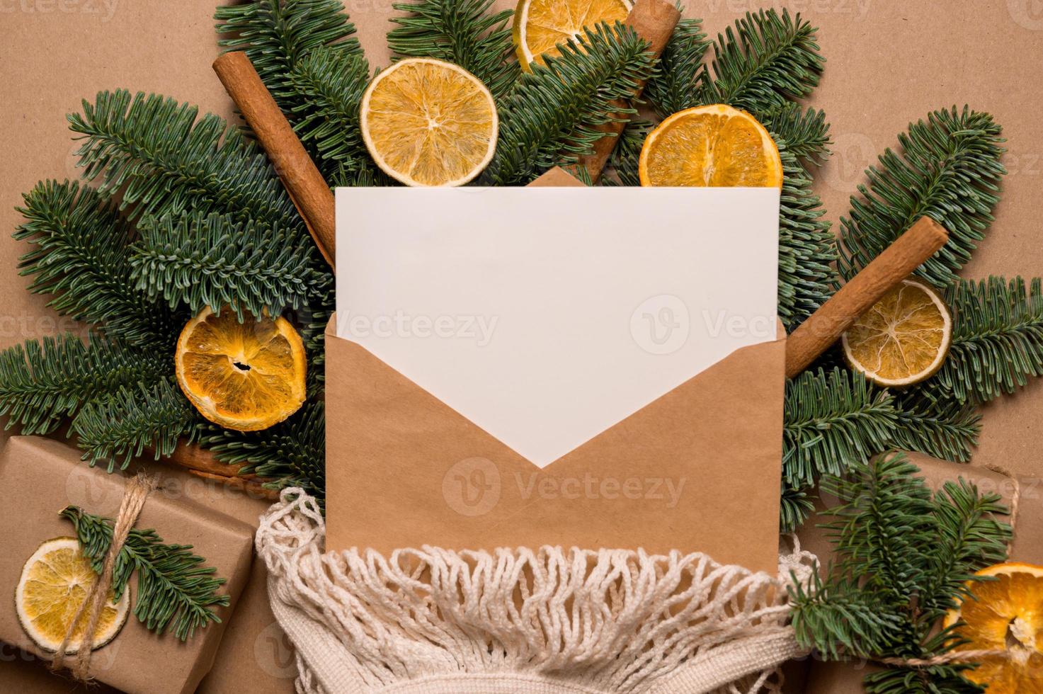 een kaart voor tekst binnen draad zak Aan Spar takken versierd met droog citrus en kaneel. nul verspilling winter vakantie. foto