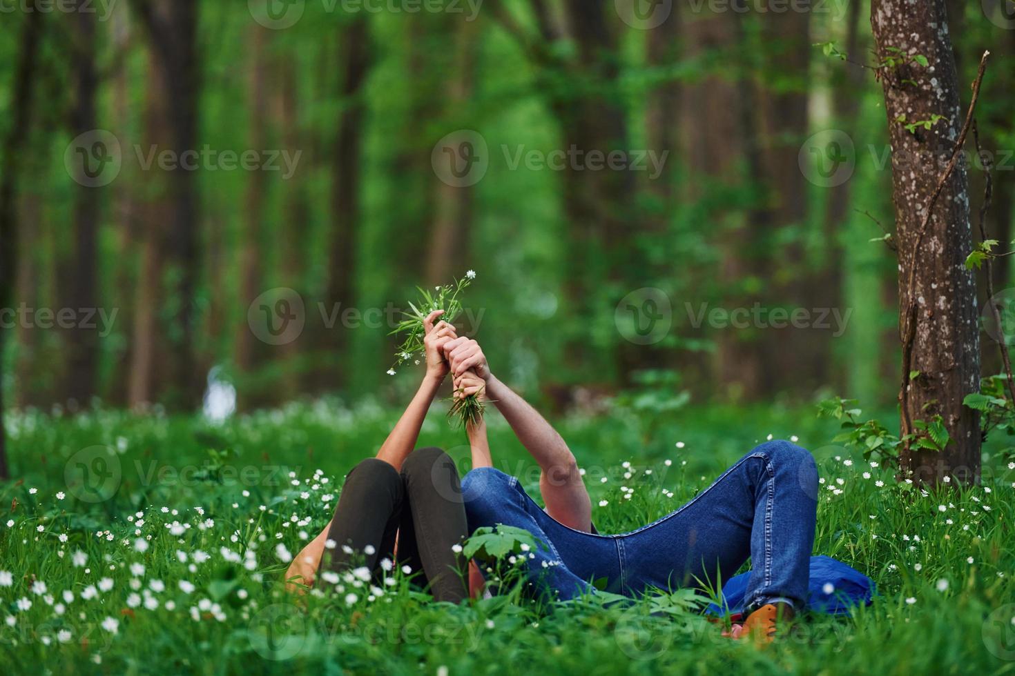 paar aan het liegen naar beneden Aan de gras in Woud samen Bij dag foto