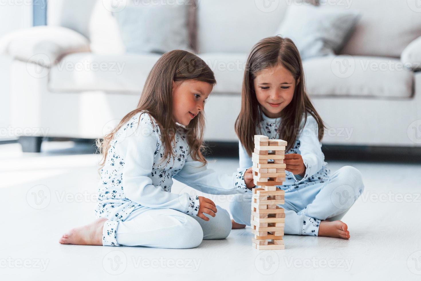 spelen toren spel. twee schattig weinig meisjes binnenshuis Bij huis samen. kinderen hebben pret foto