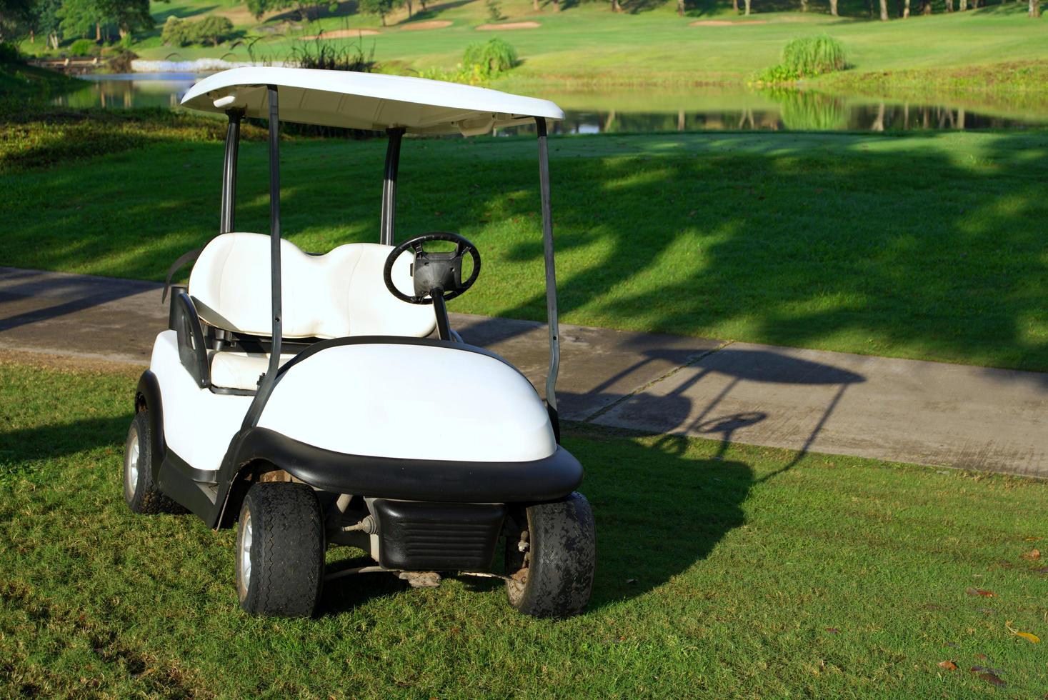 wit golf kar geparkeerd Aan de golf Cursus met ochtend- zonlicht foto