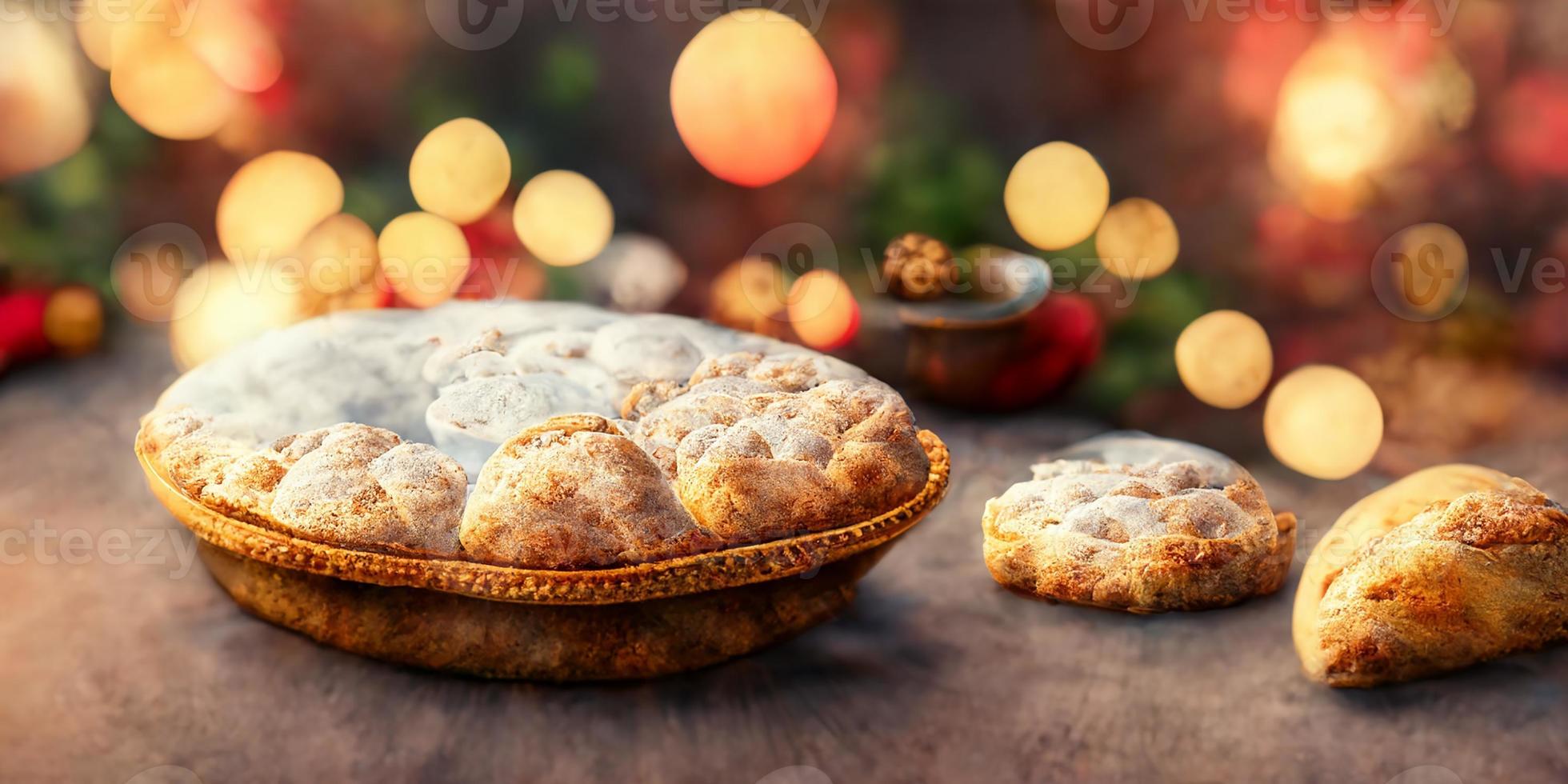 Kerstmis taart en koekjes met Kerstmis lichten bokeh foto