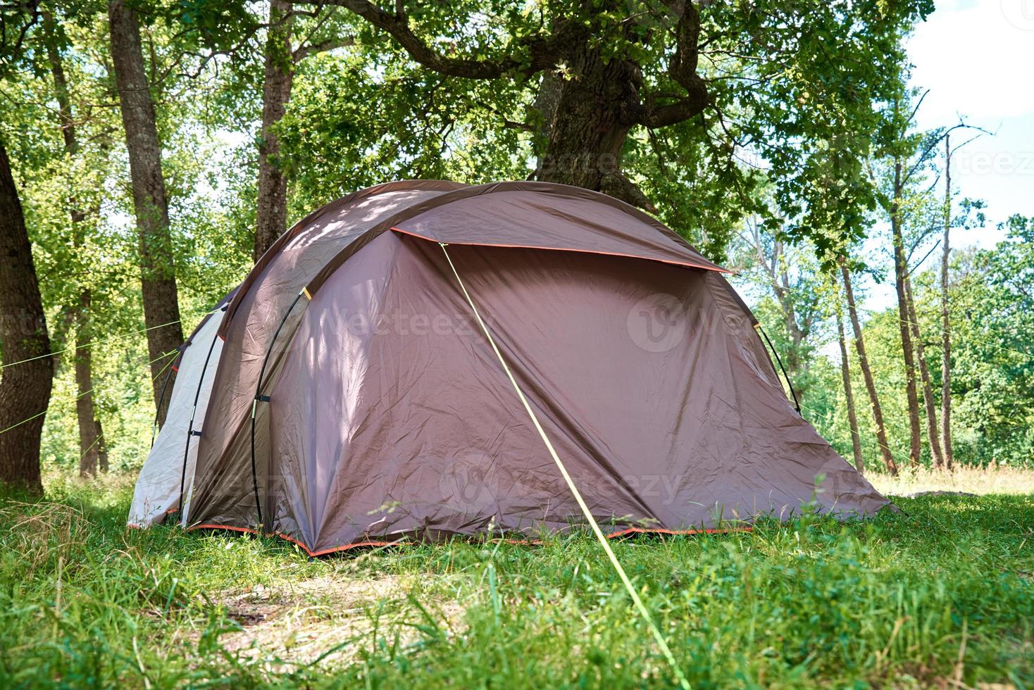 kampimg tent in pijnboom Woud in een zomer dag. toerist kamp foto