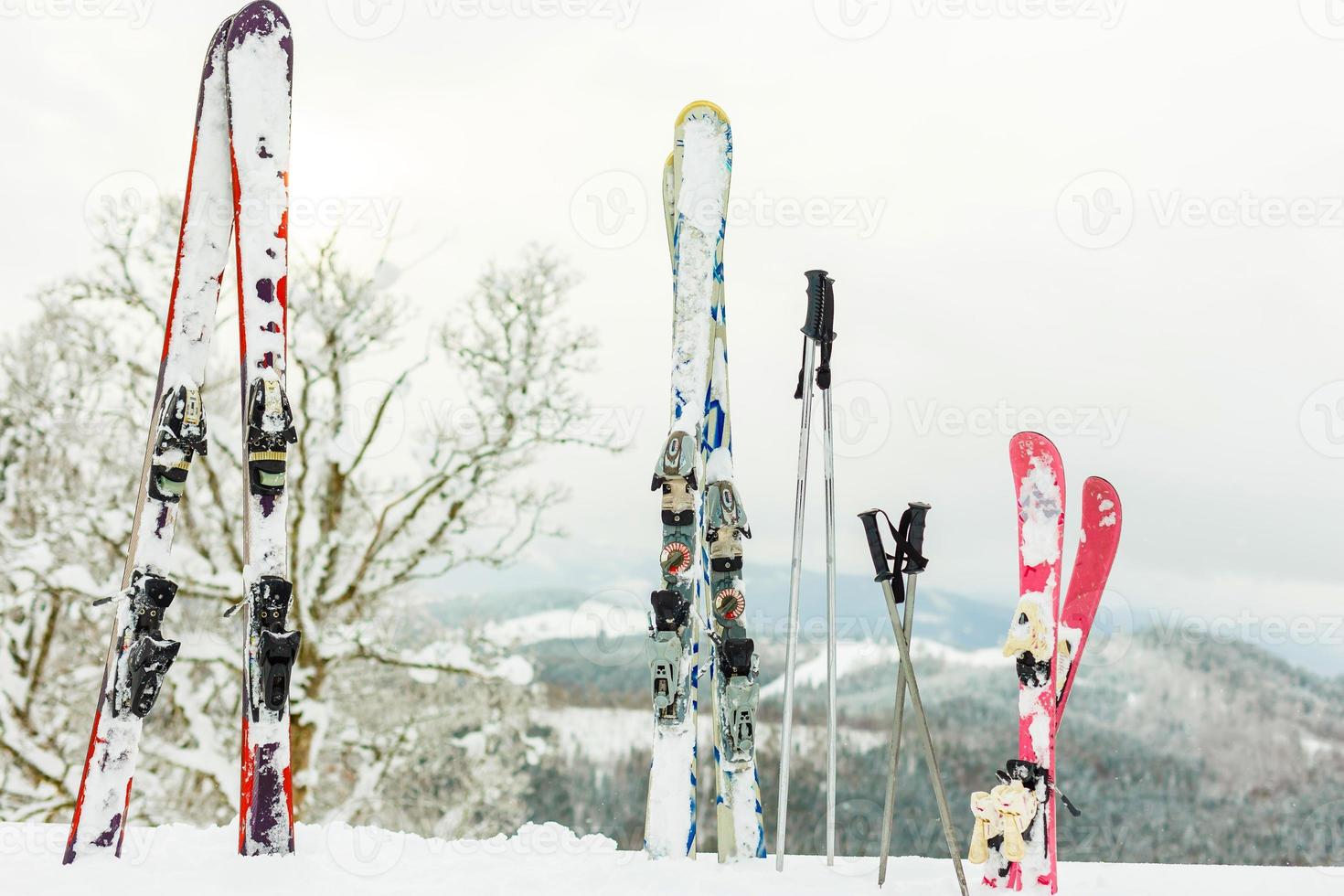 afbeelding van drie paren van skis van skiërs familie Aan de stoel optillen foto