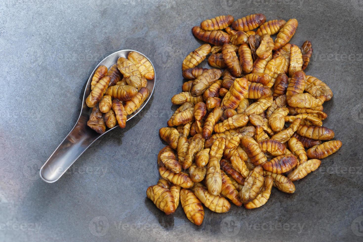 detailopname gebakken zijde wormen Aan pan. concept, raar voedsel. insecten aan het eten. hoog eiwit. traditioneel Thais straat voedsel in Thailand. eetbaar wormen. foto