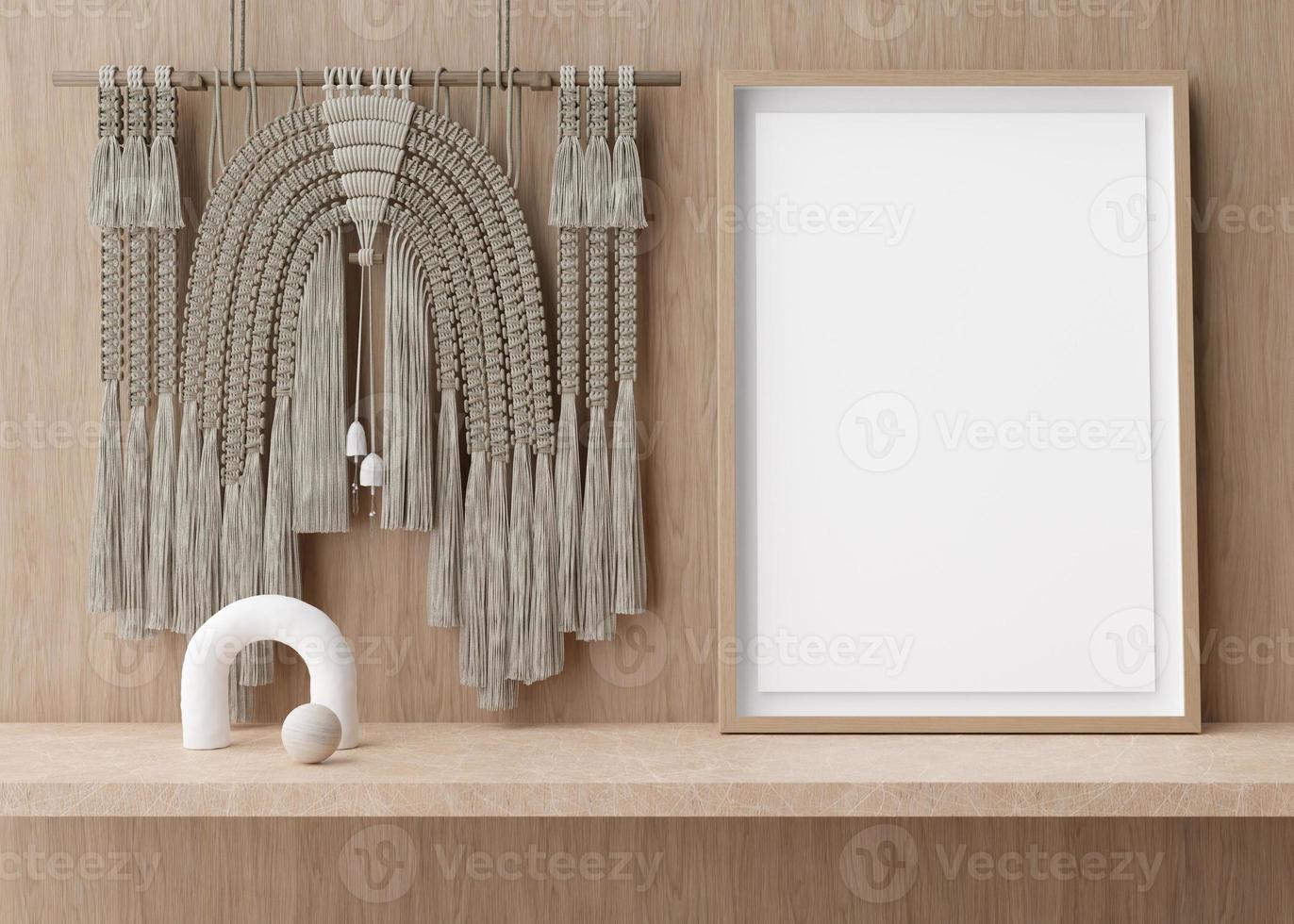 leeg verticaal afbeelding kader staand Aan schappen in modern kamer. bespotten omhoog interieur in hedendaags, boho stijl. vrij, kopiëren ruimte voor afbeelding. beeldhouwwerk, macrame. 3d weergave. foto