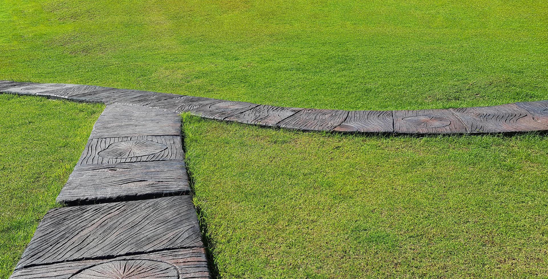 laag visie van zwart, grijs of grijs tegel pad manier Aan groen gras veld- met kopiëren ruimte. buitenkant ontwerp Bij tuin park. foto