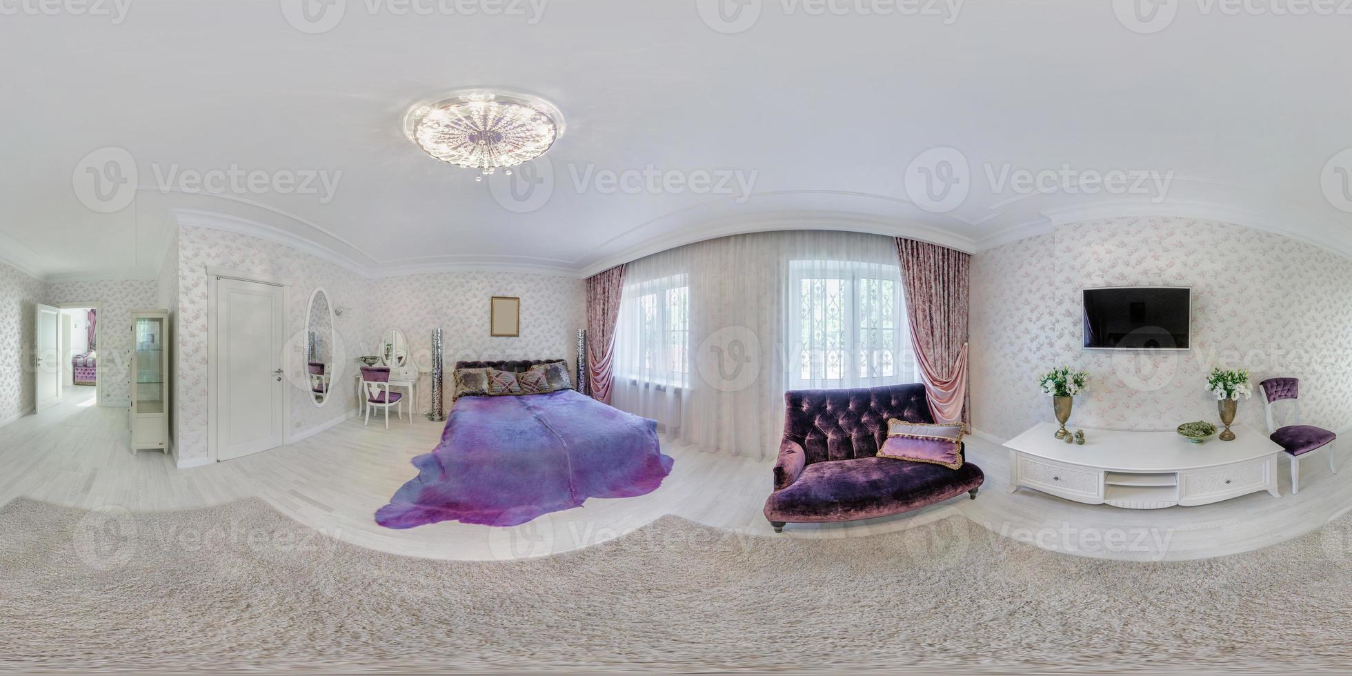 vol hdri 360 panorama visie in slaapkamer kamer in luxe de elite vip duur hotel of appartement in equirectangular naadloos bolvormig projectie, vr ar inhoud foto
