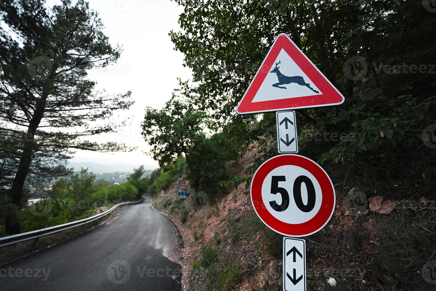 hert kruispunt weg teken en vijftig kilometers per uur snelheid begrenzing. foto