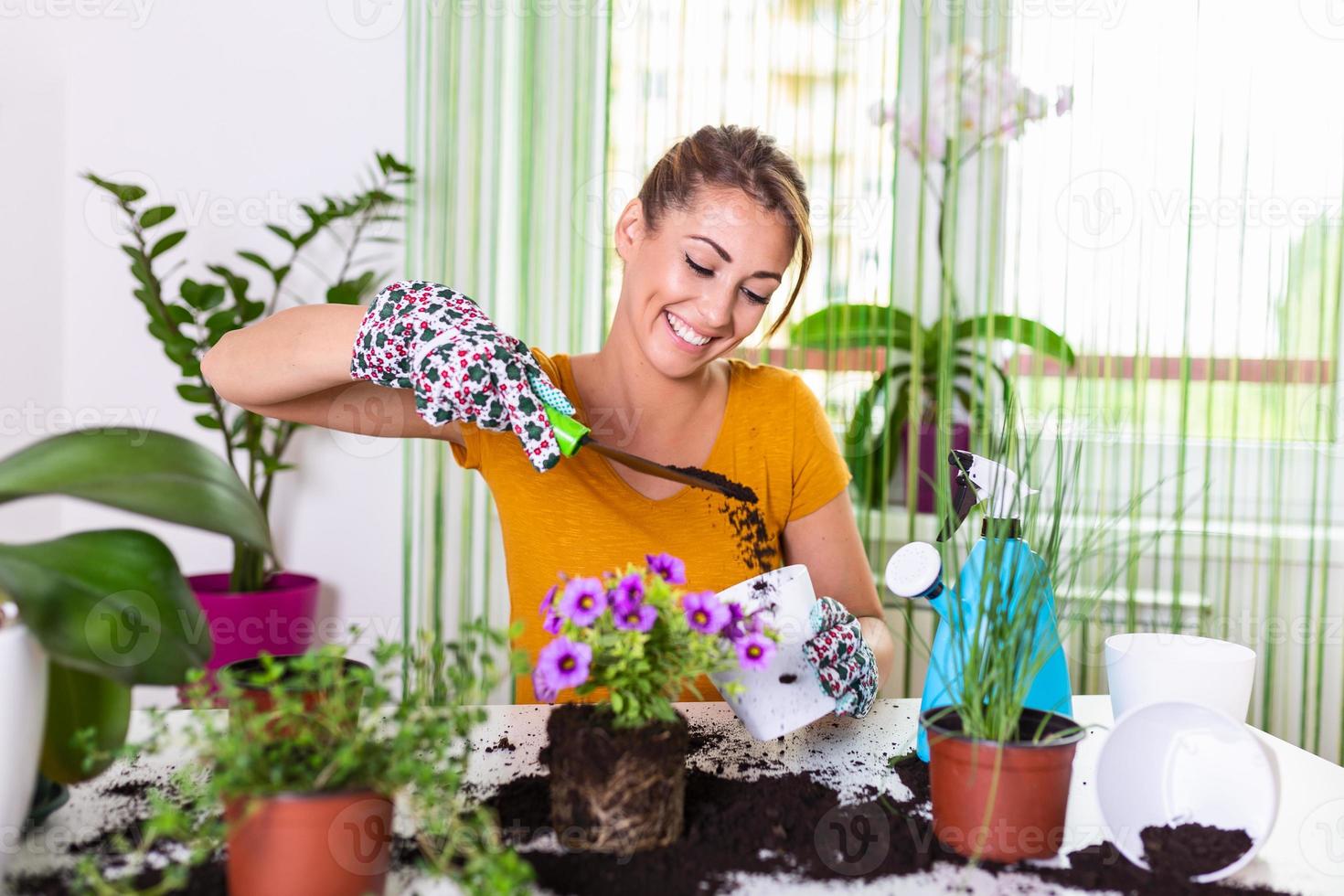 werk in de tuin, aanplant potten. vrouw tuinieren in potten. fabriek zorg. tuinieren is meer dan hobby.heerlijk huisvrouw met bloem in pot en tuinieren set. aanplant huis planten binnenshuis foto