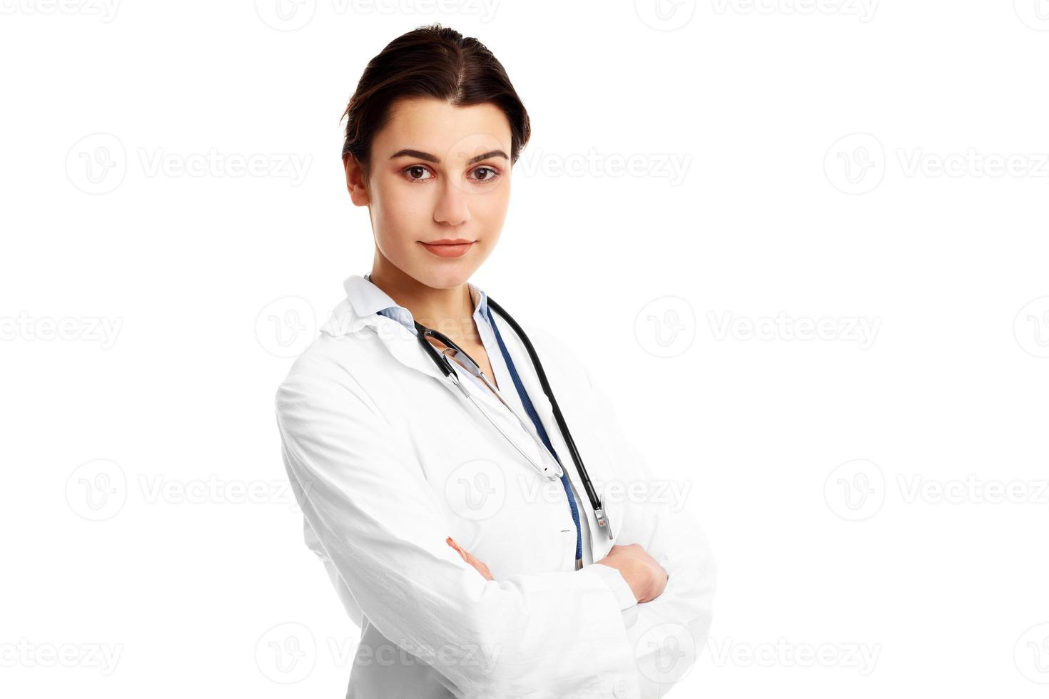 vrouw dokter geïsoleerd over- wit achtergrond foto