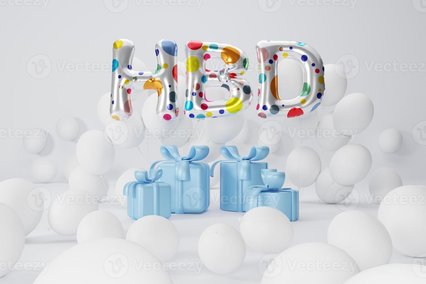 3d weergave. kleurrijk tekst hbd, blauw geschenk doos en wit ballonnen, samenstelling Aan wit achtergrond. ontwerp voor verjaardag achtergrond. foto