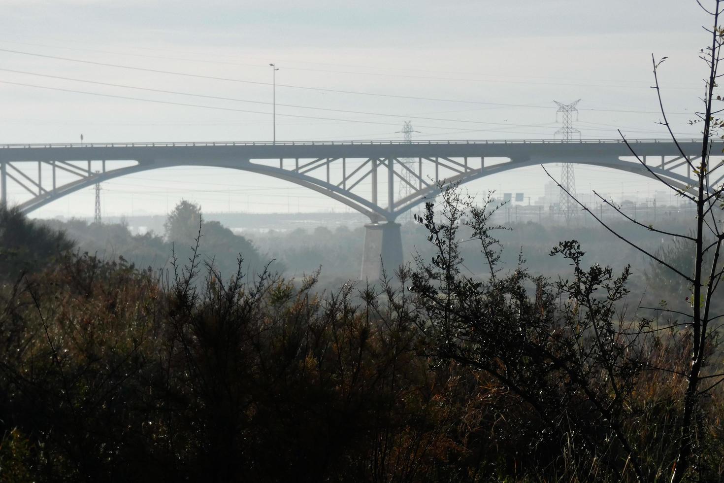 modern brug overspannende een rivier, een bouwkunde prestatie foto