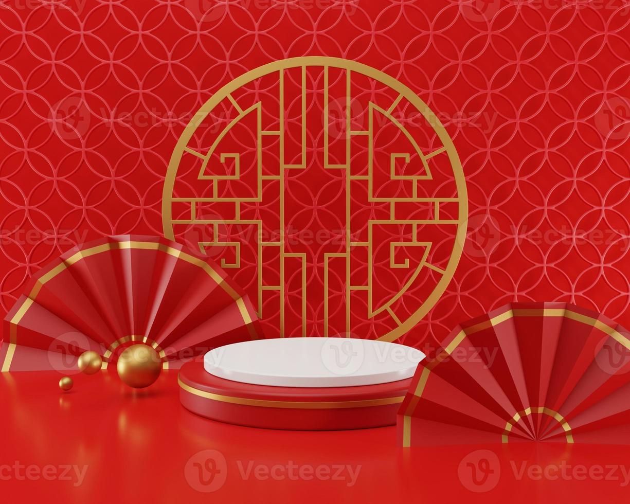 3d renderen illustratie Chinese nieuw jaar bespotten omhoog cilinder podia, Chinese festivals, leeg voetstuk sjabloon voor Product Scherm versierd, meetkundig achtergrond, schoonheidsmiddelen staan concept, abstract foto