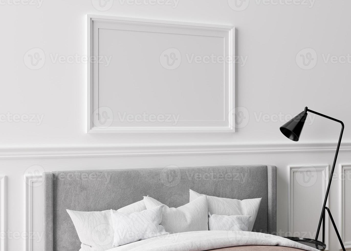 blanco horizontaal afbeelding kader Aan wit muur in slaapkamer. bespotten omhoog poster kader in modern interieur. vrij ruimte, kopiëren ruimte voor uw ontwerp. bed, dressoir, lamp. 3d veroorzaken, 3d illustratie. foto