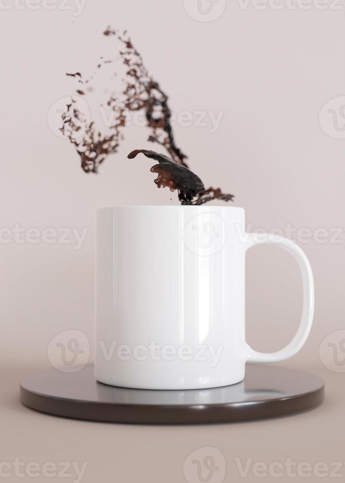 wit mok bespotten omhoog met koffie plons. blanco verticaal sjabloon voor uw ontwerp, reclame, logo. detailopname. kopiëren ruimte. kop presentatie Aan beige achtergrond. minimalistische koffie kop model. 3d veroorzaken. foto