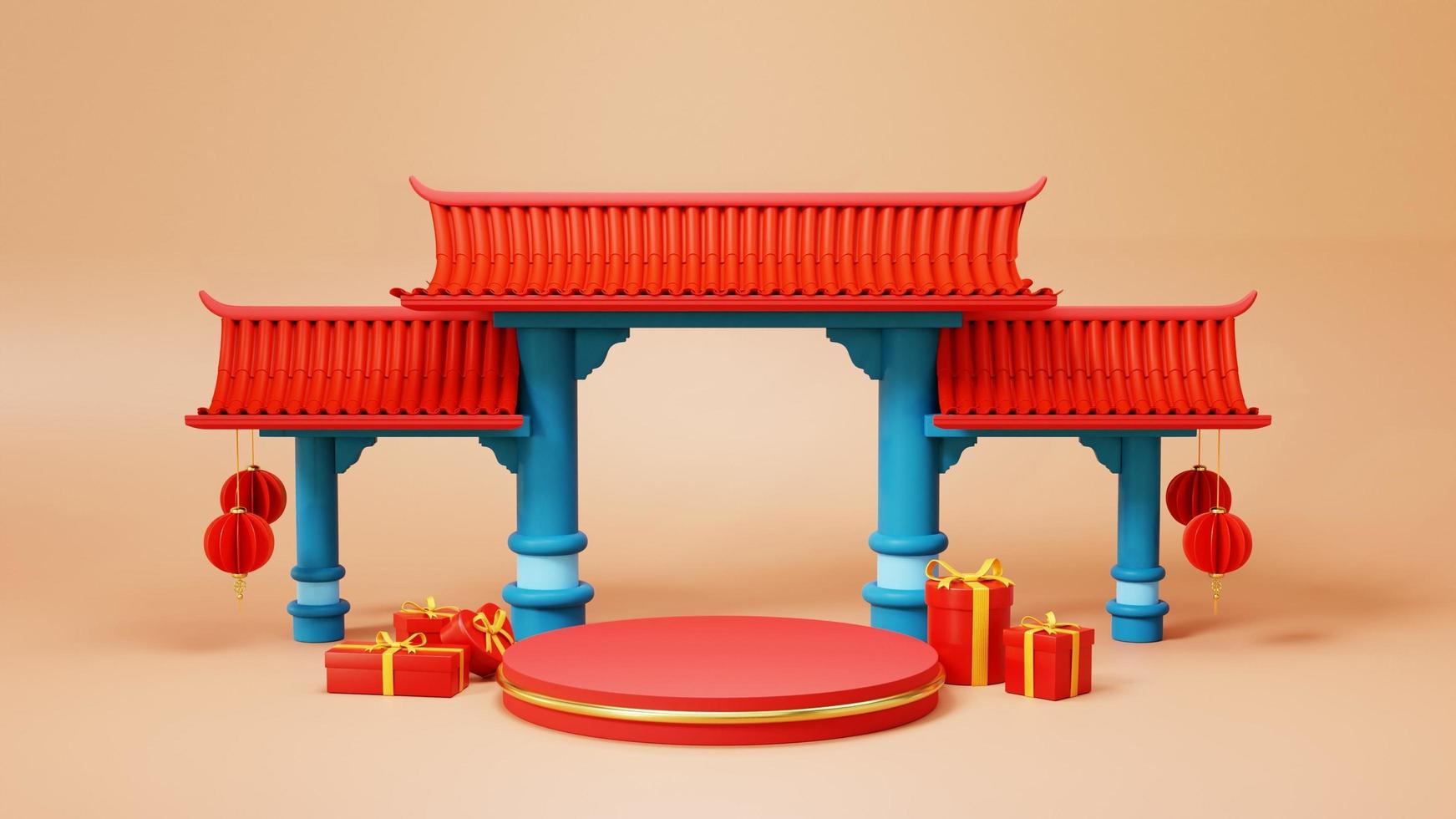 3d illustratie van Chinese nieuw jaar met podium en Chinese poort foto