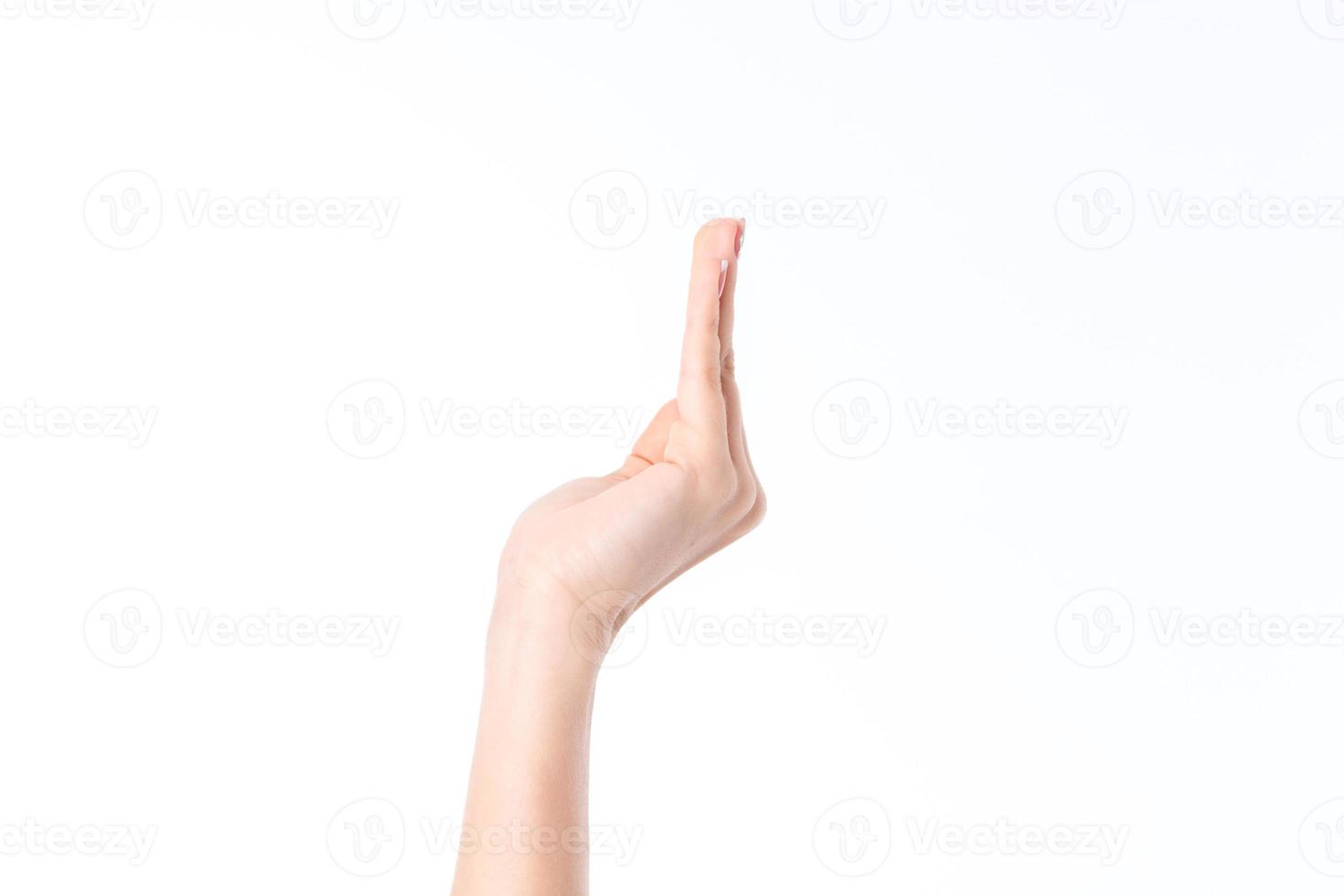 kant visie van de vrouw hand- met vingers verheven omhoog foto