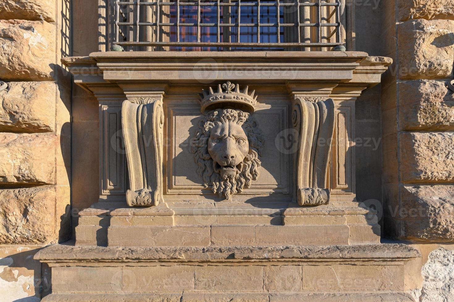 dichtbij omhoog leeuw stucwerk Bij palazzo pitti, de oud paleis van medici familie in Florence, Italië. foto