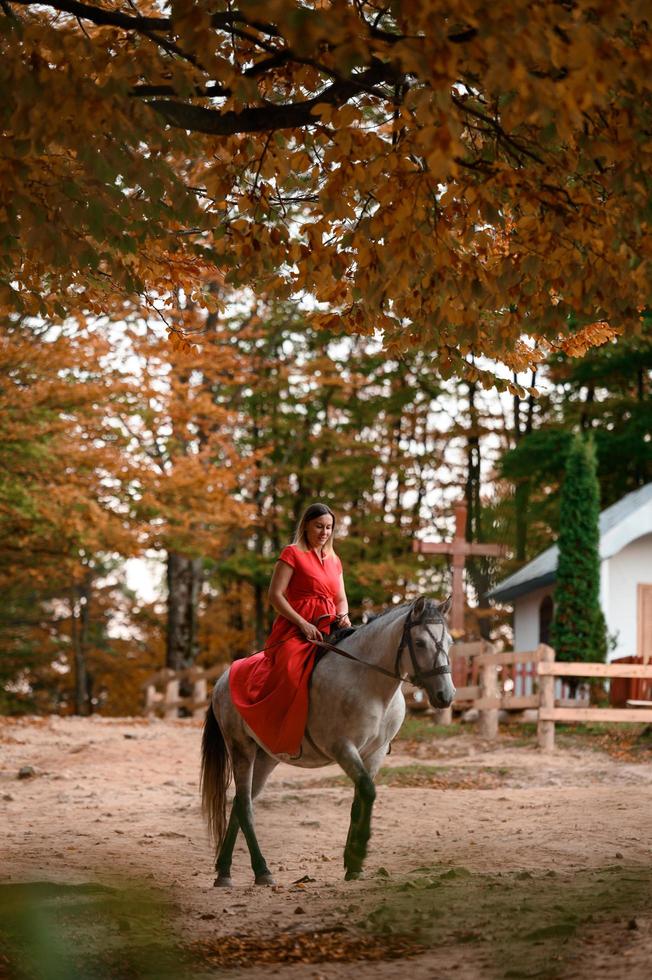rijden een paard, wandelen in een herfst Woud, een vrouw rijden een paard in een lang rood jurk met kaal voeten. foto