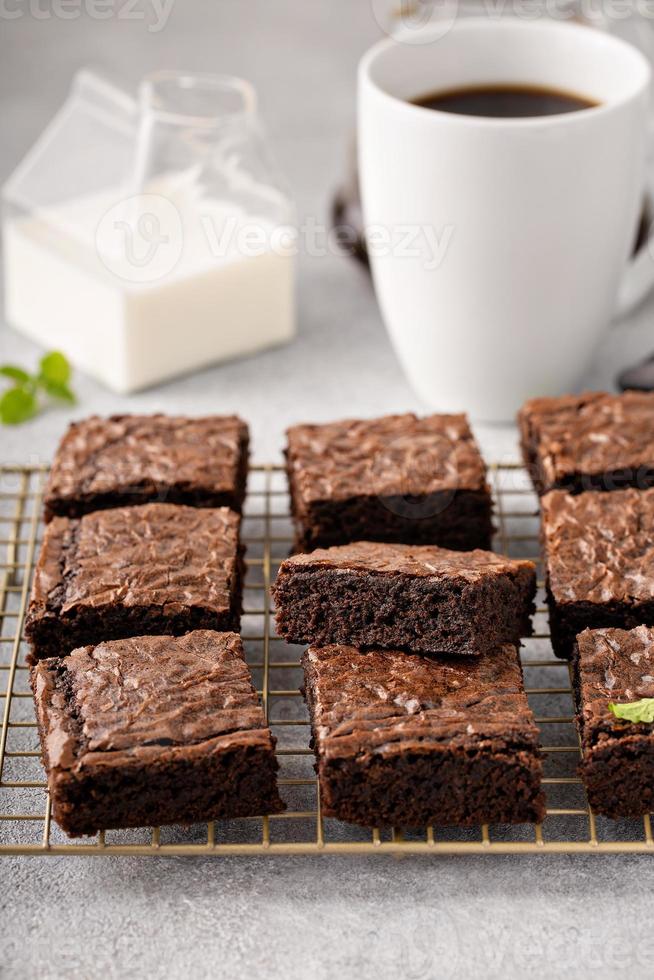 eigengemaakt fudgy brownies Aan een bakken rek foto