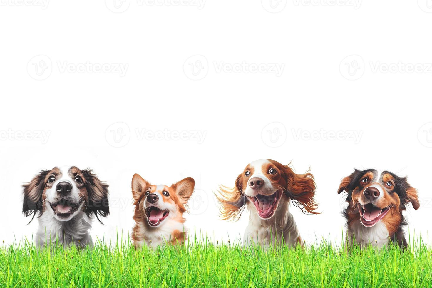 veel gelukkig honden in de gras met copyspace foto