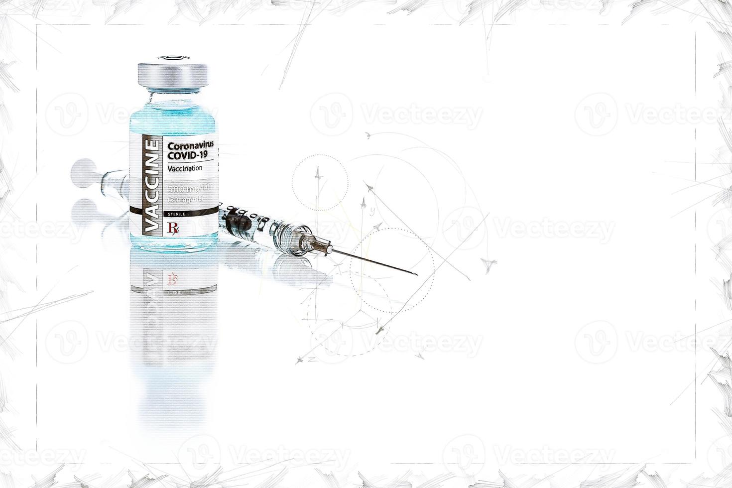 artistiek renderen schetsen van coronavirus covid-19 vaccin flacon en injectiespuit Aan reflecterende oppervlakte foto